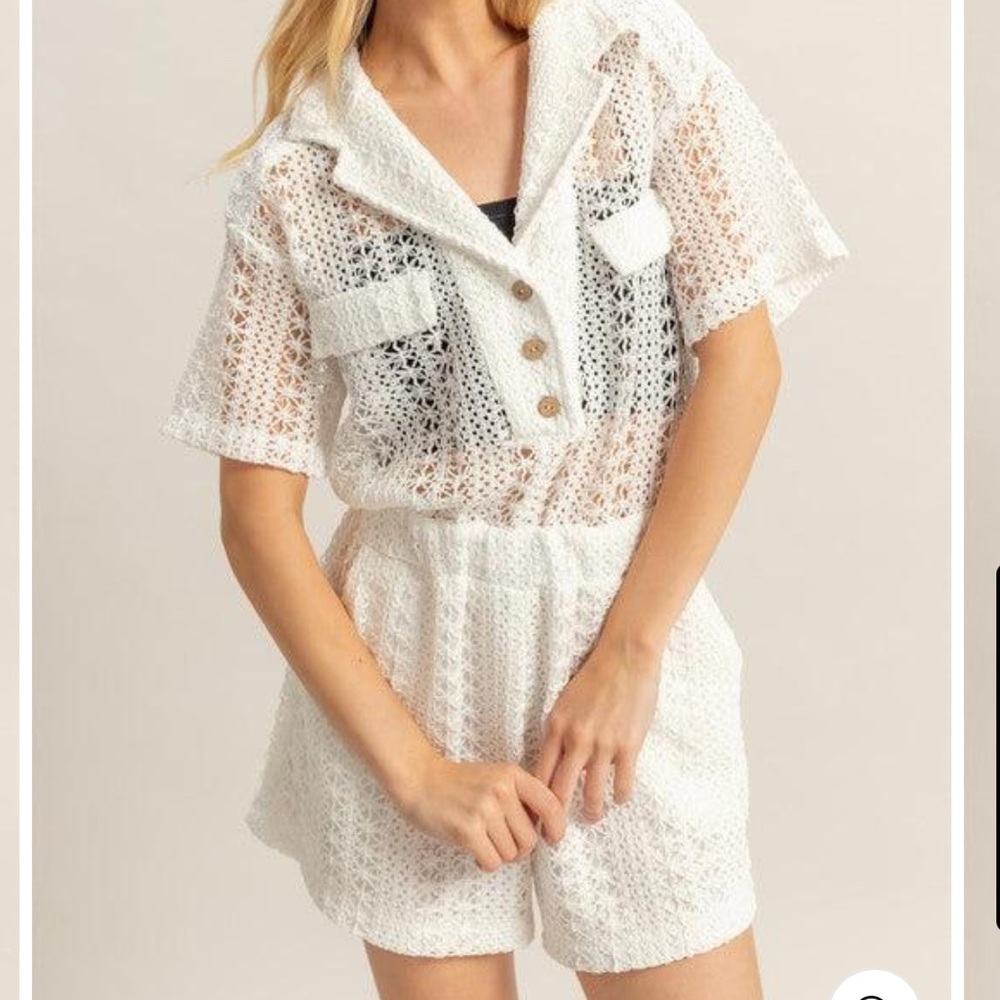 AKIRA Ivory Textured Short Sleeve Crochet Romper - Picture 12 of 12